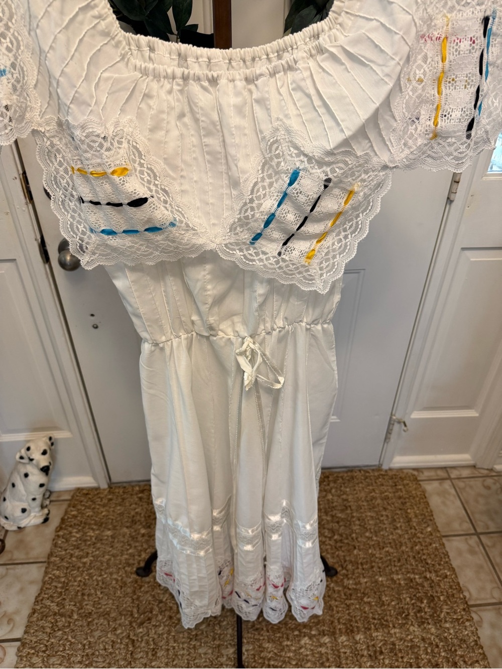 Vintage 70s Handmade Mexican Folk Peasant Off The Shoulder Dress w Lace M L - Picture 14 of 16